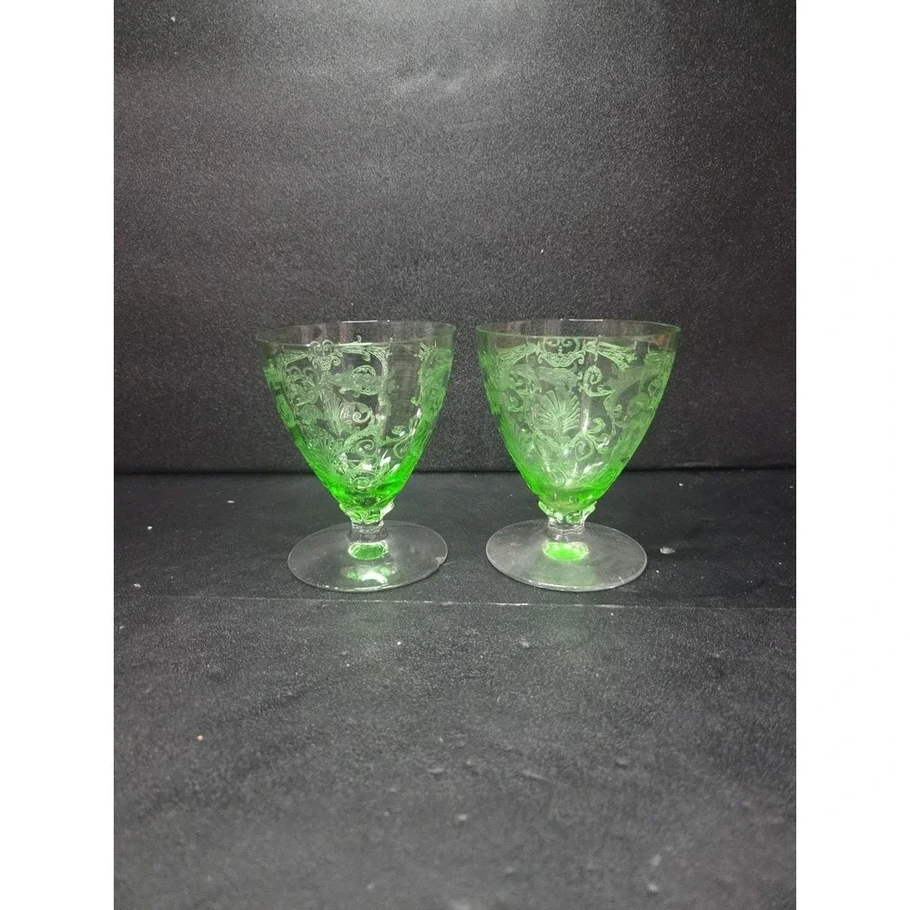 Fostoria Versailles Etched‎ Cocktail Glasses, Set of 2, Vtg Footed Uranium Glass